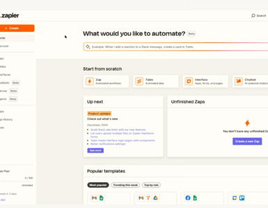 Zapier dashboard med muligheder for at oprette automatiserede workflows, tabeller, interfaces og chatbots direkte fra startsiden.