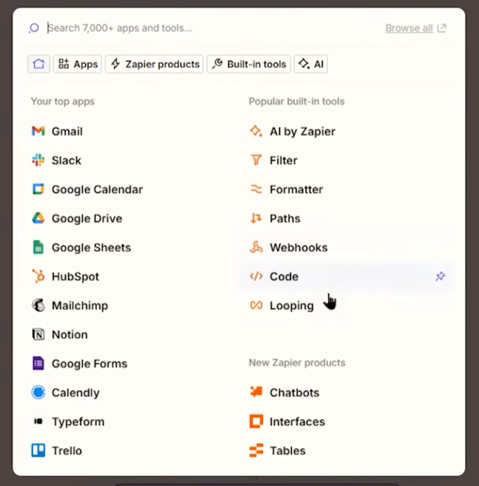 Zapier-menu med søgning blandt apps og værktøjer som Gmail, Slack, Google Sheets, AI, Filter, Formatter og Webhooks.