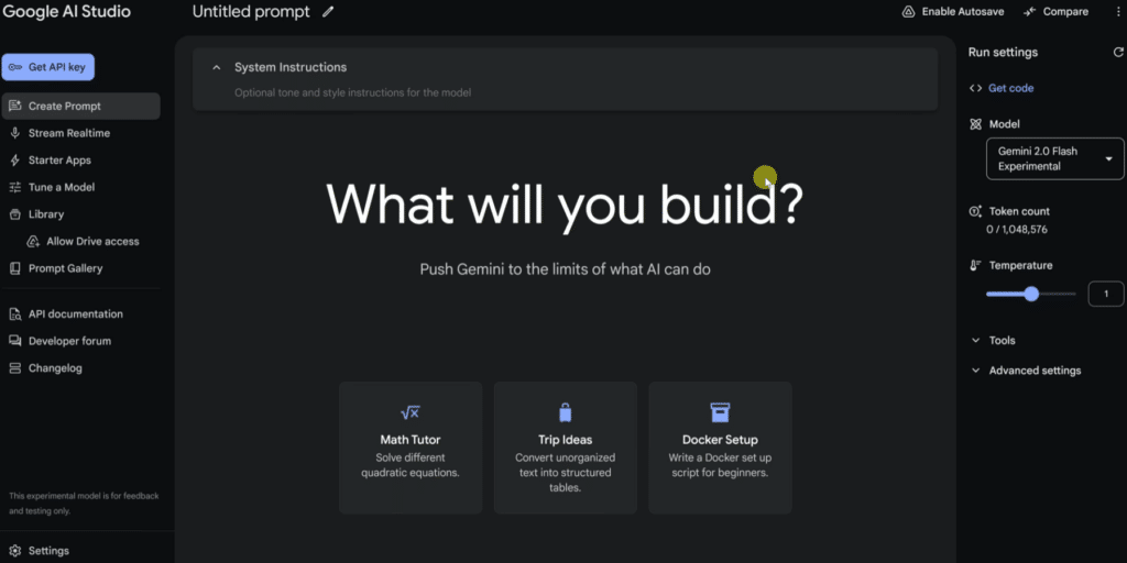 Google AI Studio med prompt-editor, modelvalg, API-nøgle og indstillinger til Gemini-modeller.