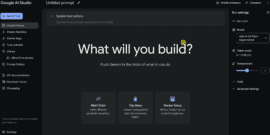 Google AI Studio med prompt-editor, modelvalg, API-nøgle og indstillinger til Gemini-modeller.
