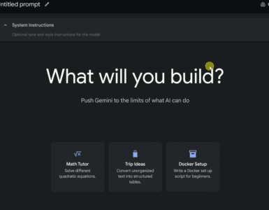 Google AI Studio med prompt-editor, modelvalg, API-nøgle og indstillinger til Gemini-modeller.