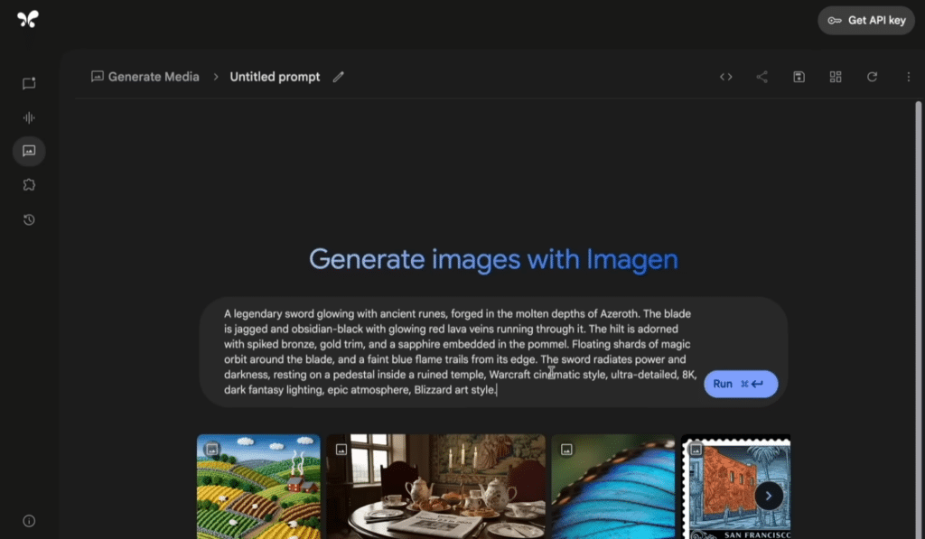 Google AI Studio med Imagen-værktøj til AI-generering af billeder ud fra tekstprompts.