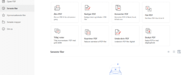Skærmbillede af Systweak PDF Editor på Windows, hvor startskærmen viser værktøjer til at åbne, redigere, konvertere, flette, komprimere, underskrive og beskytte PDF-filer.