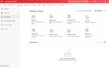 Skærmbillede af Systweak PDF Editor på Windows, hvor startskærmen viser værktøjer til at åbne, redigere, konvertere, flette, komprimere, underskrive og beskytte PDF-filer.