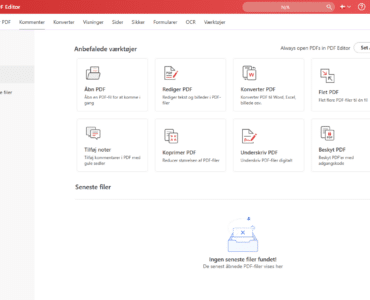 Skærmbillede af Systweak PDF Editor på Windows, hvor startskærmen viser værktøjer til at åbne, redigere, konvertere, flette, komprimere, underskrive og beskytte PDF-filer.