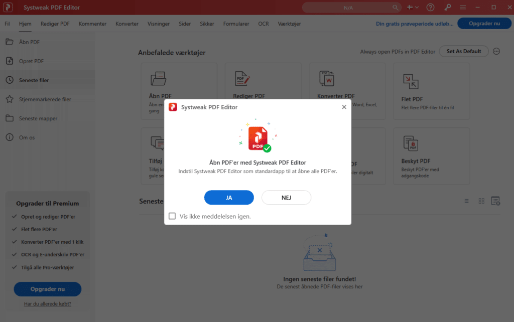 Systweak PDF Editor viser en pop-up på Windows, hvor brugeren bliver spurgt, om programmet skal sættes som standardapp til åbning af PDF-filer.
