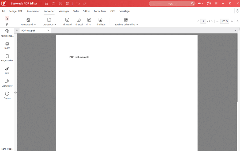 Systweak PDF Editor viser en åben PDF-fil med fanen Konverter valgt, hvor dokumentet kan konverteres til Word, Excel, PowerPoint eller billede.