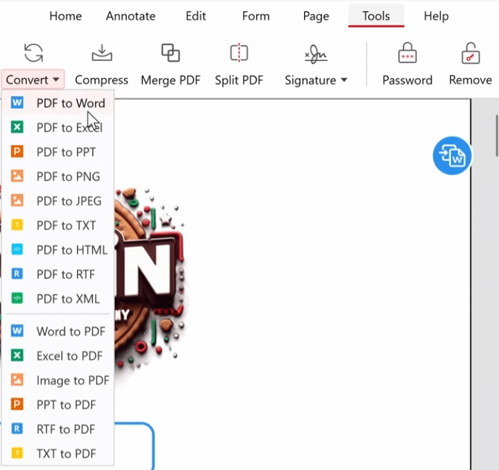 PDFgear näyttää muunnostyökalut PDF-, Word-, Excel-, kuva- ja muihin tiedostomuotoihin.