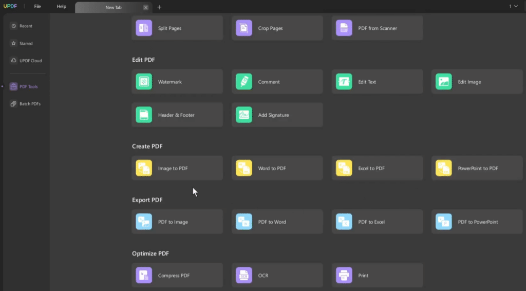 UPDF’s PDF tools shown in dark theme with features for editing, conversion, OCR, compression, and creating PDF files.