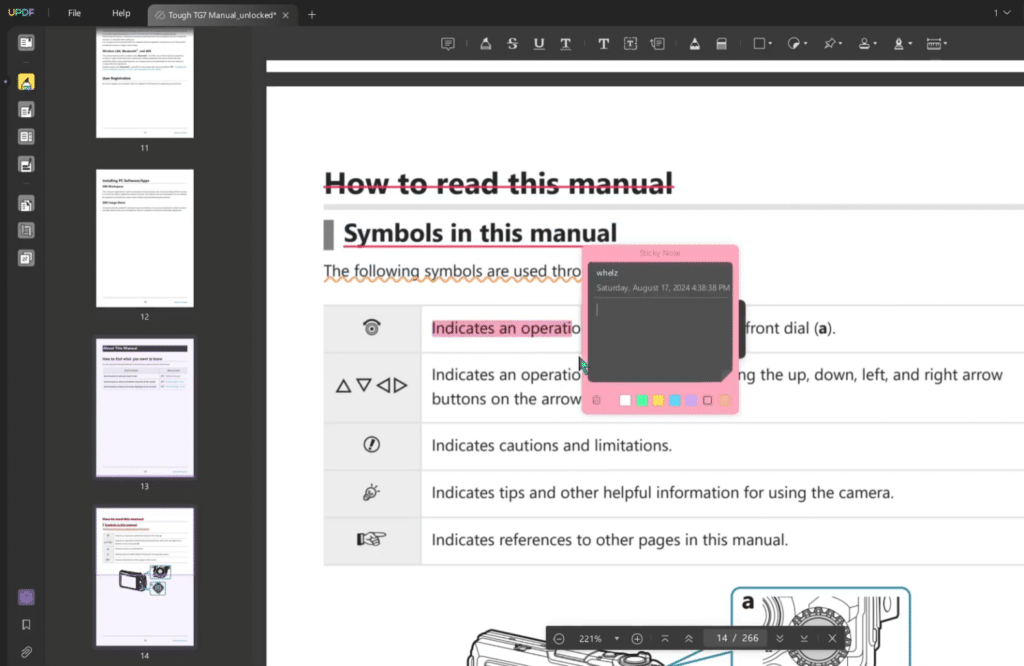 UPDF displaying a PDF manual with highlights, strikethrough, underline, and an open sticky note for comments.