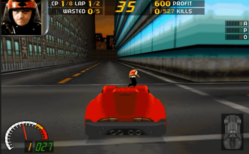 Carmageddon gameplay: a red car on a city track, classic 90s HUD, and a points counter at the top of the screen.
