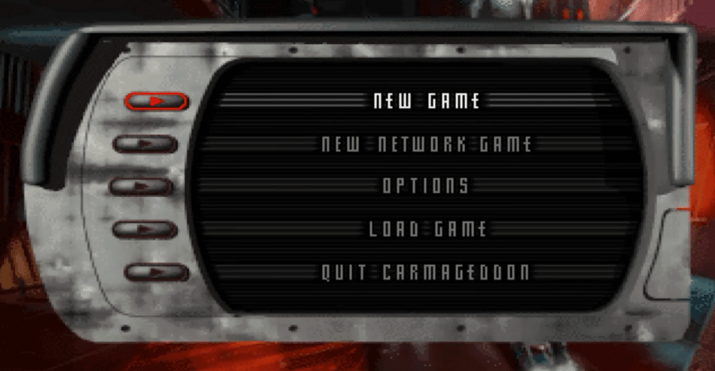 Carmageddon’s main menu with options like New Game, Options, and Load Game in a dark, metallic 90s design.