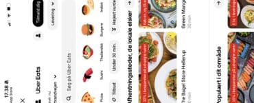Uber Eats-forsiden viser lokale restauranter i Hellerup med søgefelt, kategorier som pizza, sushi og burgere samt anbefalede spisesteder i nærheden.