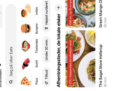 Uber Eats-forsiden viser lokale restauranter i Hellerup med søgefelt, kategorier som pizza, sushi og burgere samt anbefalede spisesteder i nærheden.