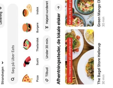 Uber Eats-forsiden viser lokale restauranter i Hellerup med søgefelt, kategorier som pizza, sushi og burgere samt anbefalede spisesteder i nærheden.