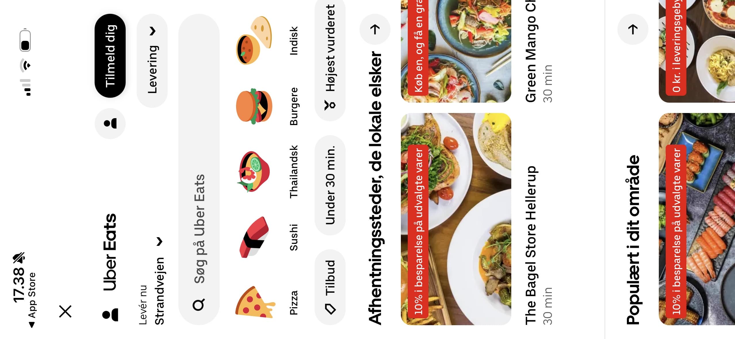 Uber Eats-forsiden viser lokale restauranter med søkefelt, kategorier som pizza, sushi og burgere samt anbefalte spisesteder i nærheten.