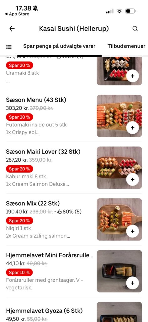 Uber Eats-appen viser tilbudsmenyer fra Kasai Sushi i Hellerup med sushi, vårruller og gyoza til nedsatte priser.