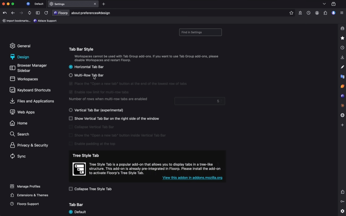 Floorp settings showing horizontal, multi-row, and vertical tab bar options in the browser’s design menu.