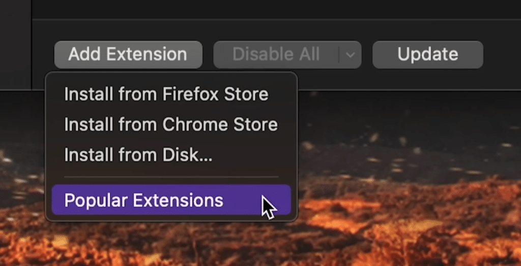 Orion Browser menu til installation af Chrome- og Firefox-udvidelser