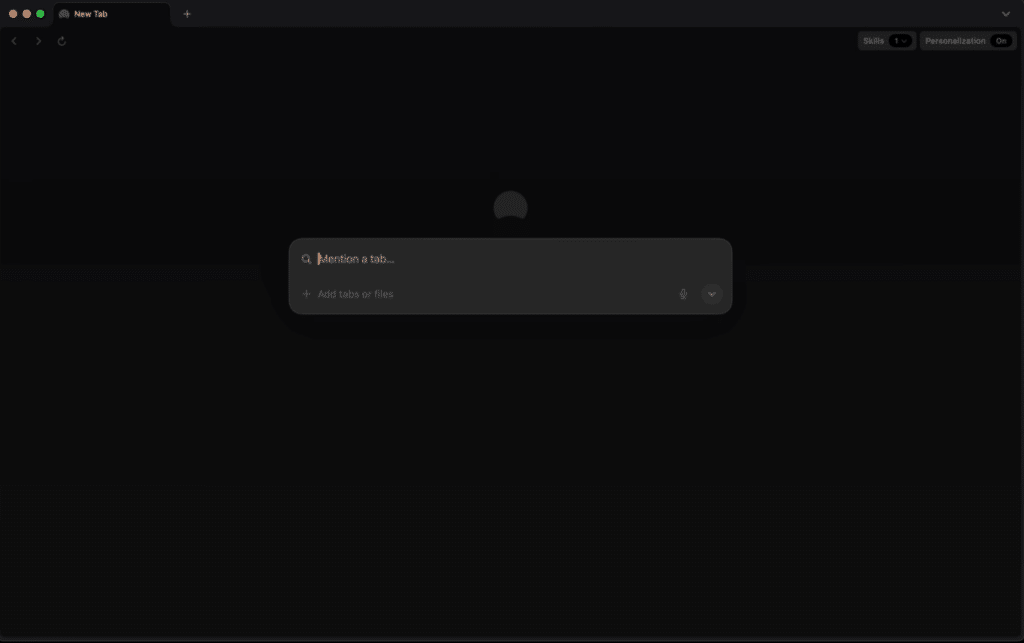 Dia Browser viser en mørk og minimalistisk startside med AI-feltet i midten, hvor brugeren kan nævne faner, tilføje filer og arbejde med browserens indbyggede AI-funktioner.