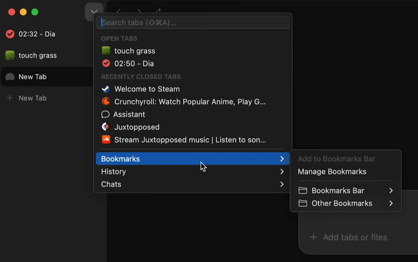 Dia Browser shows tab search, open tabs, recently closed tabs, bookmarks, and history combined in one dark menu on Mac.