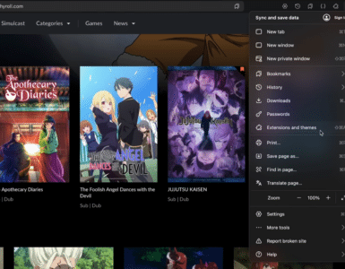 Zen Browser viser en åben menu med adgang til bogmærker, historik, downloads, adgangskoder, udvidelser og indstillinger, mens Crunchyroll er åben i baggrunden.
