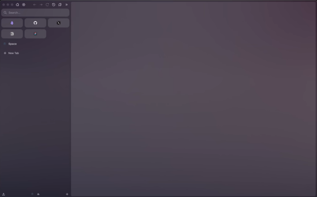 Zen Browser viser sin startside med lodret sidebjælke, søgefelt, fastgjorte genveje og et separat Space til organisering af faner.