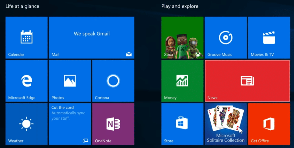 Windows 10 Start menu with classic tiles such as Mail, Microsoft Edge, Photos, Cortana, Xbox, Store, News, and Microsoft Solitaire Collection.