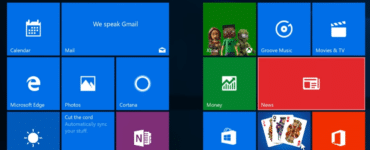 Windows 10-startmenu med klassiske fliser som Mail, Microsoft Edge, Fotos, Cortana, Xbox, Store, Nyheder og Microsoft Solitaire Collection.