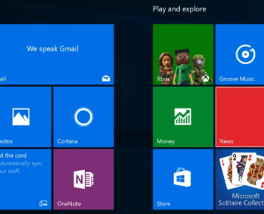Windows 10-startmenu med klassiske fliser som Mail, Microsoft Edge, Fotos, Cortana, Xbox, Store, Nyheder og Microsoft Solitaire Collection.