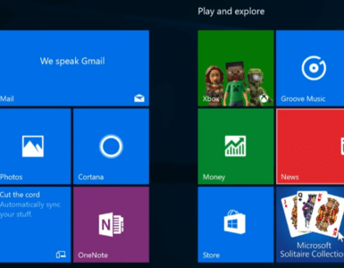 Windows 10-startmenu med klassiske fliser som Mail, Microsoft Edge, Fotos, Cortana, Xbox, Store, Nyheder og Microsoft Solitaire Collection.
