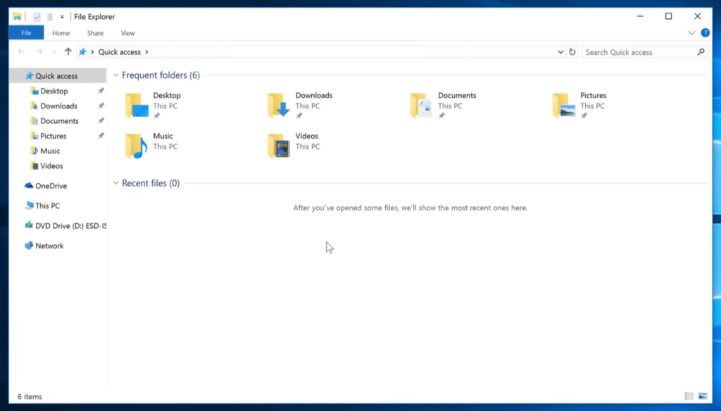 Windows 10 File Explorer with Quick Access, default folders like Desktop, Downloads, Documents, Pictures, Music, and Videos, plus OneDrive in the left menu.