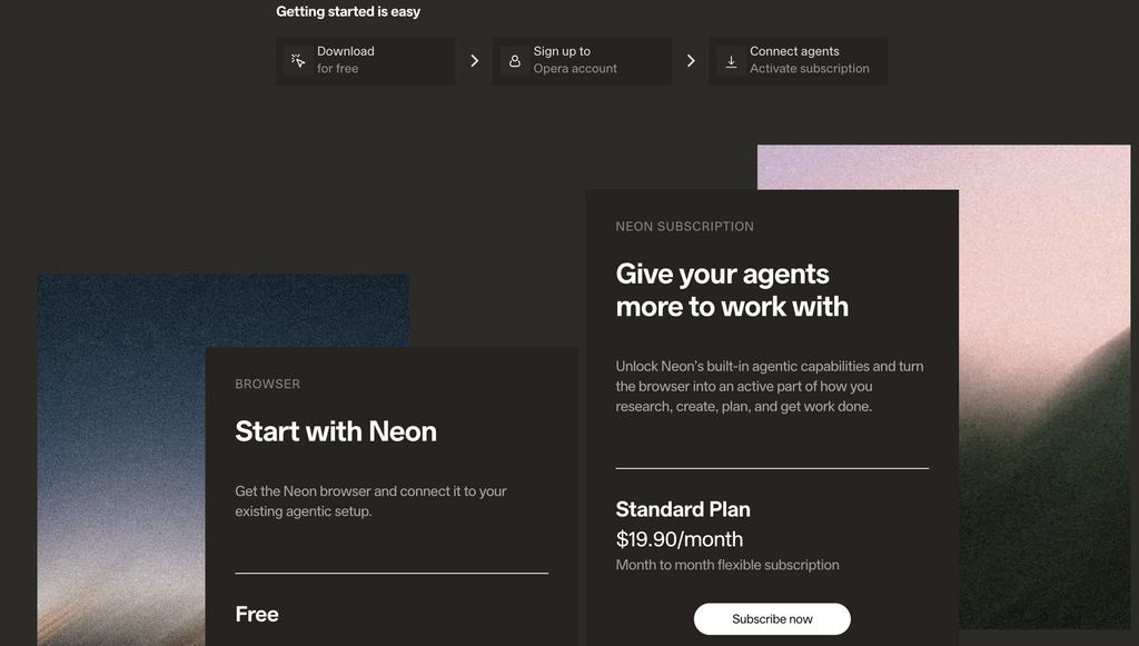 Opera Neon shows free browser access and a Standard subscription at $19.90 per month.