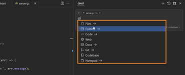 Cursor AI med chatmenu til filer, mapper, kode, web, Git og kodebase