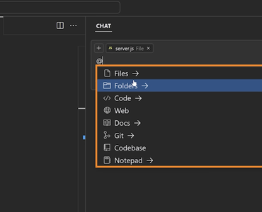 Cursor AI med chatmenu til filer, mapper, kode, web, Git og kodebase