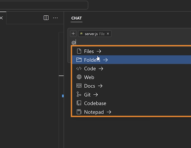 Cursor AI med chatmenu til filer, mapper, kode, web, Git og kodebase