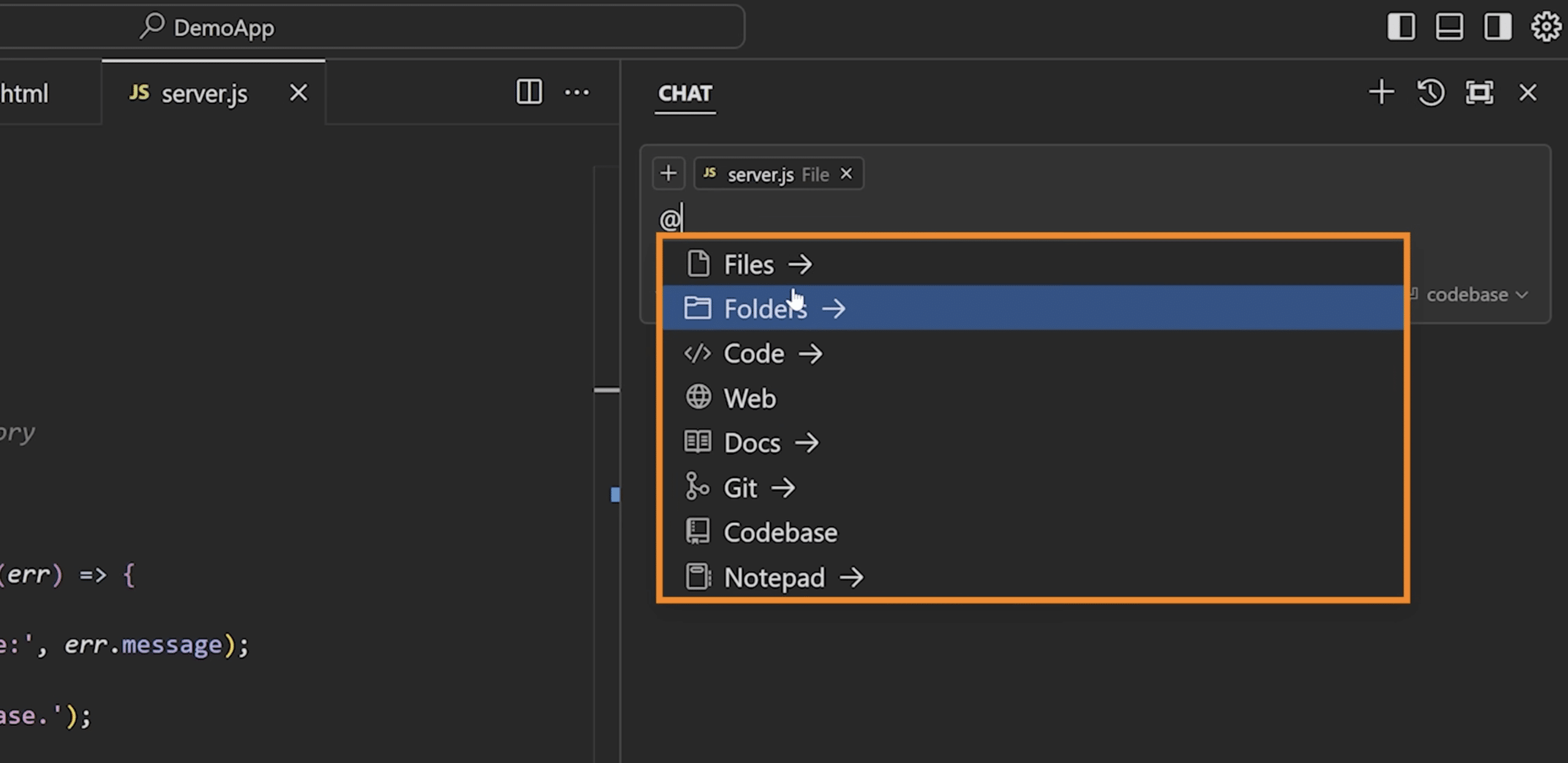 Cursor AI with a chat menu for files, folders, code, web, Git, and codebase