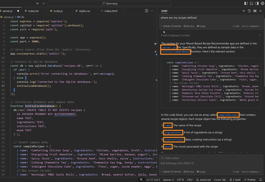 Cursor AI analyzes a codebase and finds relevant information directly in project files