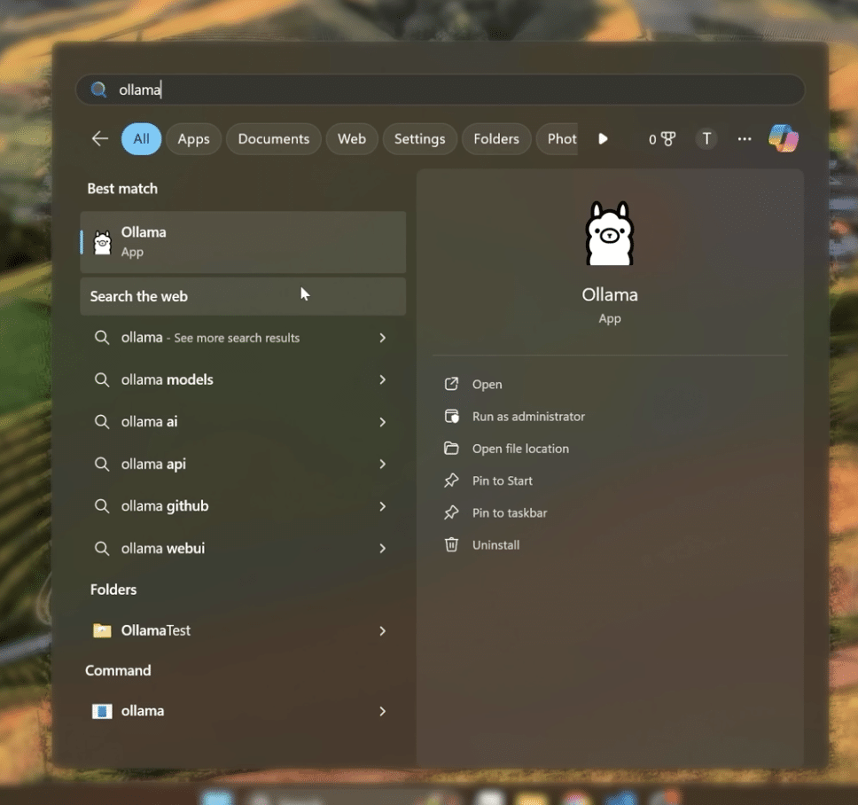Ollama installeret på Windows 11 og fundet via Windows-søgning